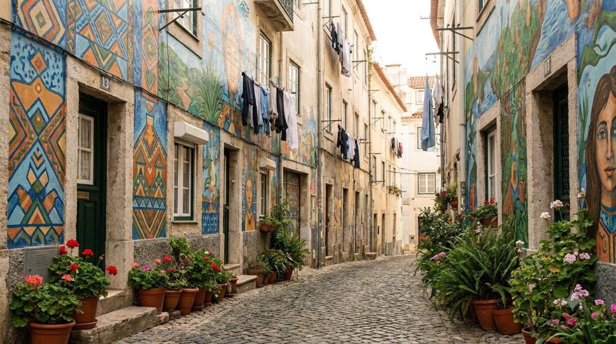 Colourful street art murals covering house walls on a narrow street in Getsemani