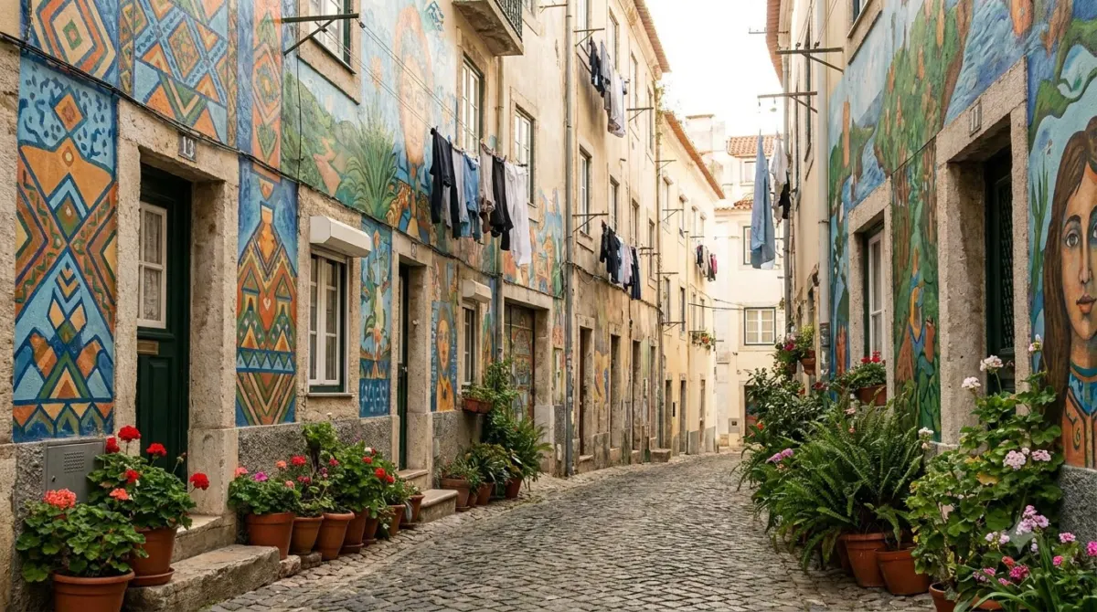 Colourful street art murals covering house walls on a narrow street in Getsemani