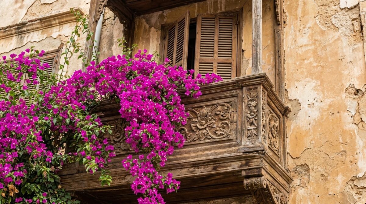 Carved wooden balcony on an ochre wall covered in magenta bougainvillea