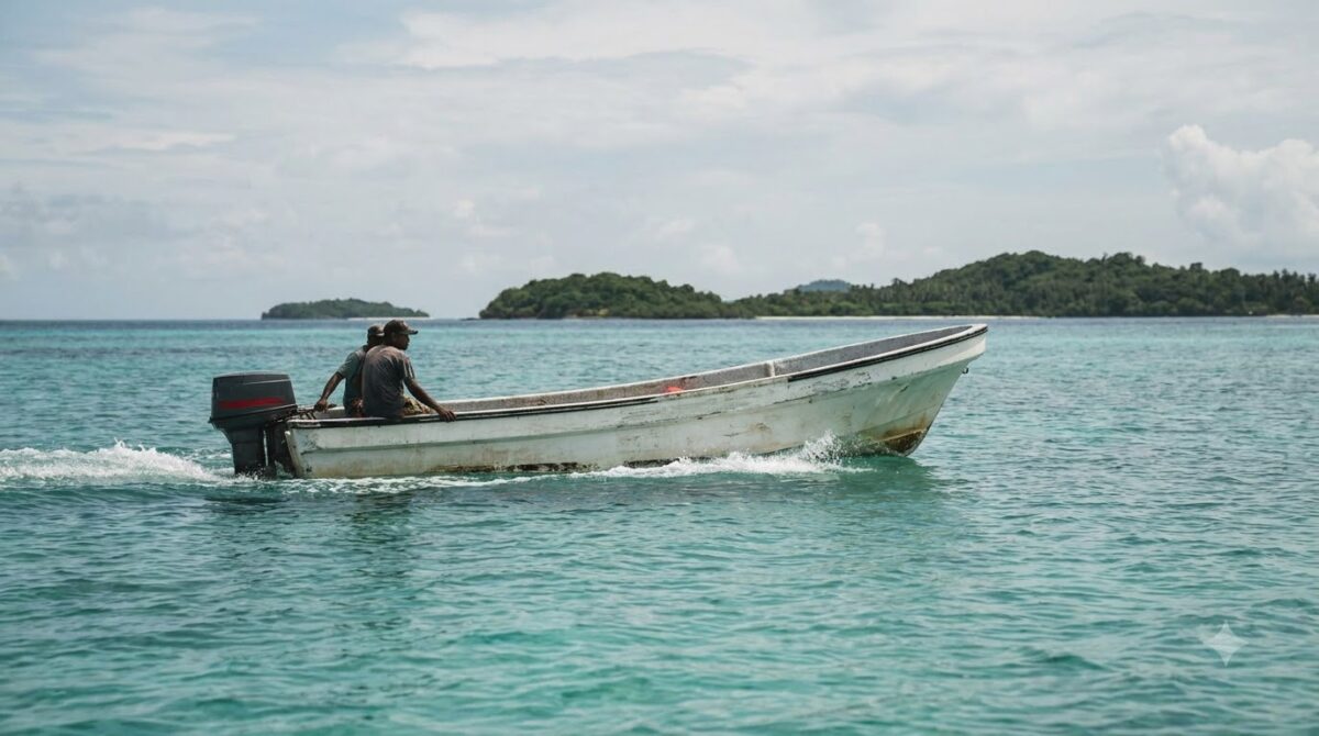 Small open speedboat crossing turquoise Caribbean water towards low green islands