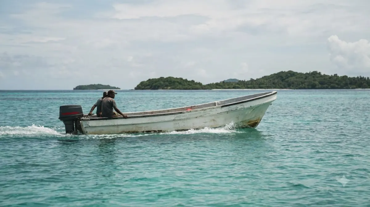 Small open speedboat crossing turquoise Caribbean water towards low green islands