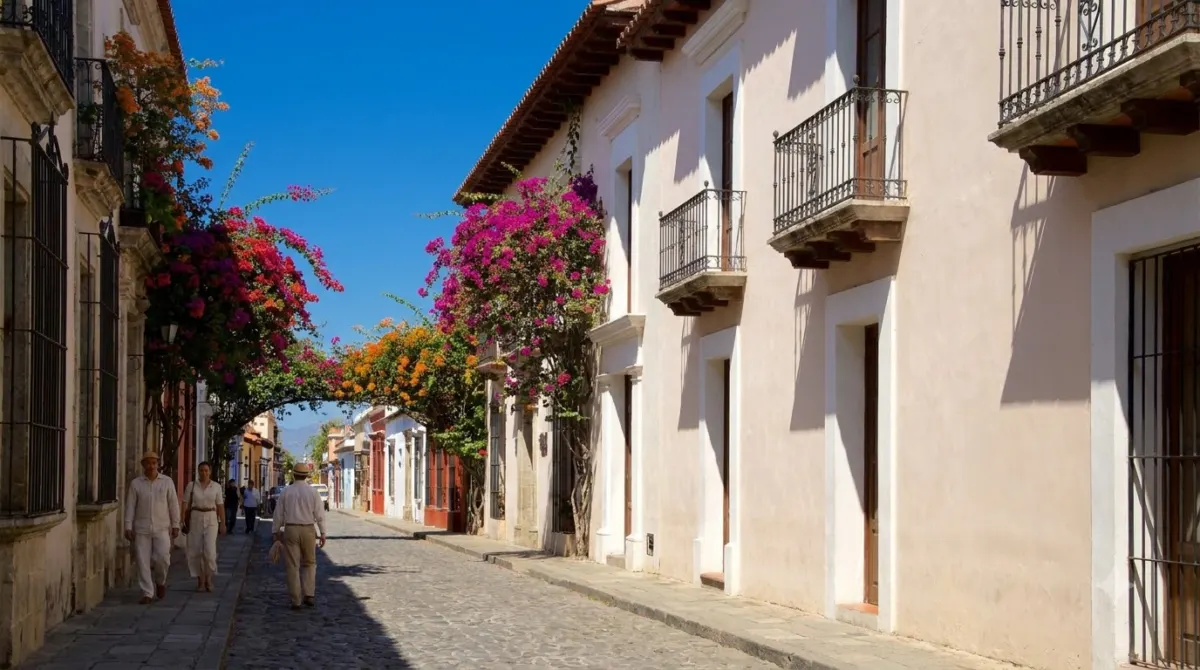 Colonial street in Cartagena under a deep blue cloudless sky with hard midday shadows