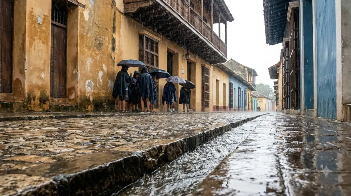Heavy tropical rain falling on a cobbled colonial street with people sheltering under a balcony