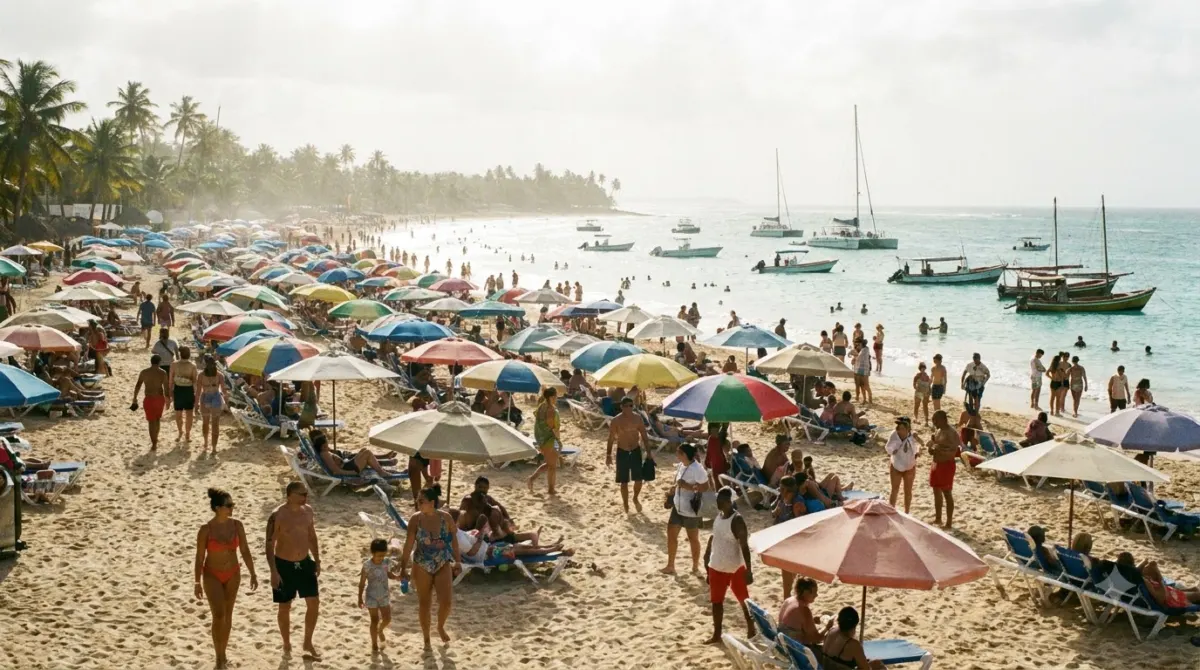 Busy Caribbean beach in high season with many umbrellas and people