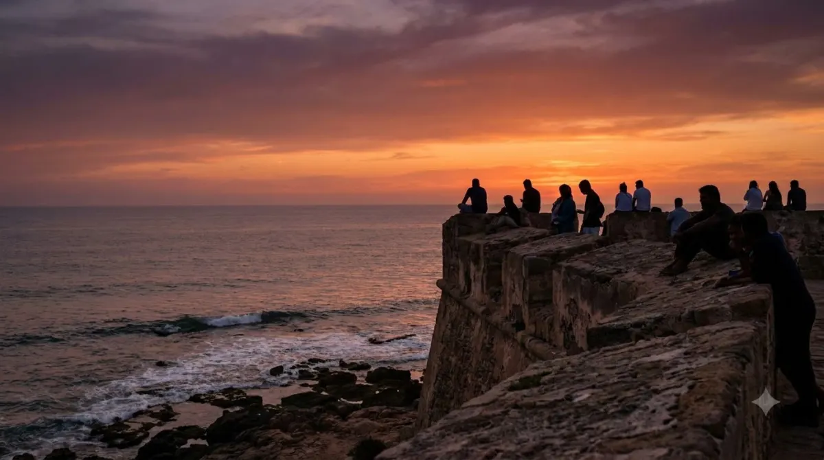 Sunset over old coastal stone walls with silhouettes of people watching the sea