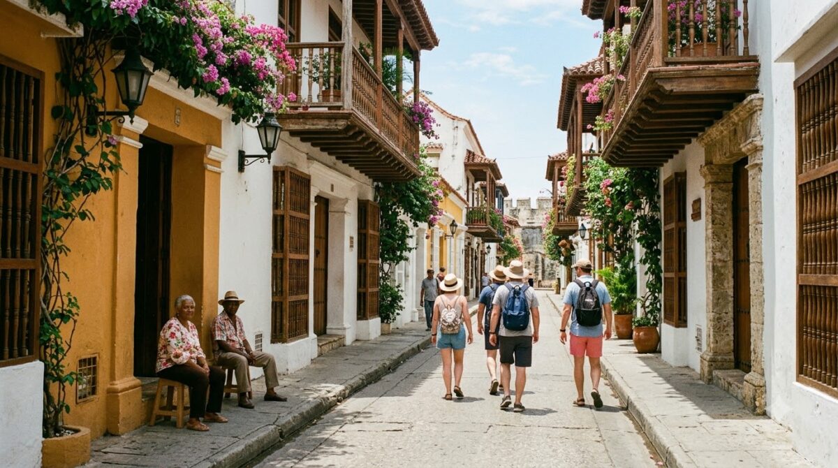 Tourists walking a sunlit colonial street inside the walled city of Cartagena, Colombia