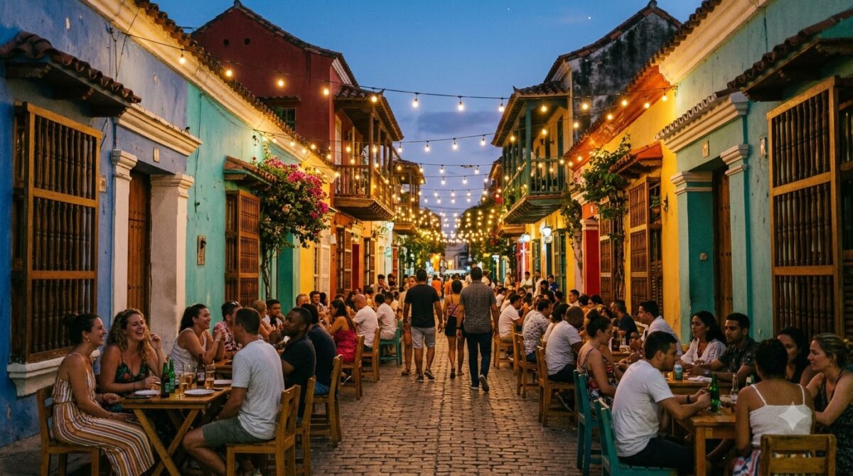 People sitting outside bars on a lit street in Getsemani, Cartagena, in the evening