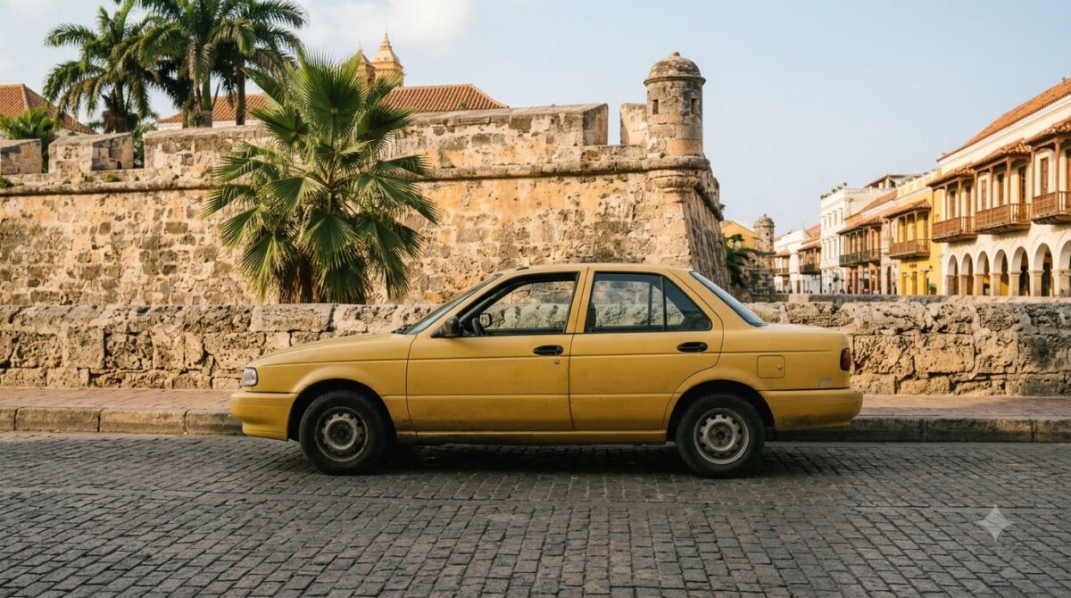 Yellow taxi on a street beside the old city walls in Cartagena, Colombia