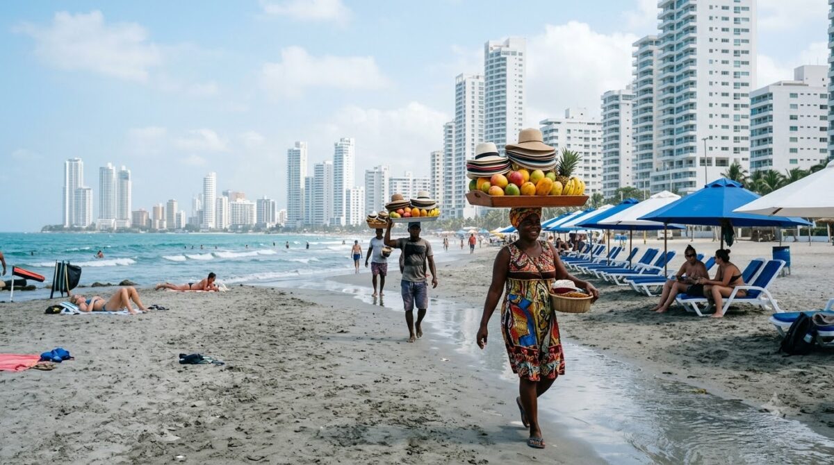 Beach vendors carrying goods along the sand at Bocagrande beach in Cartagena