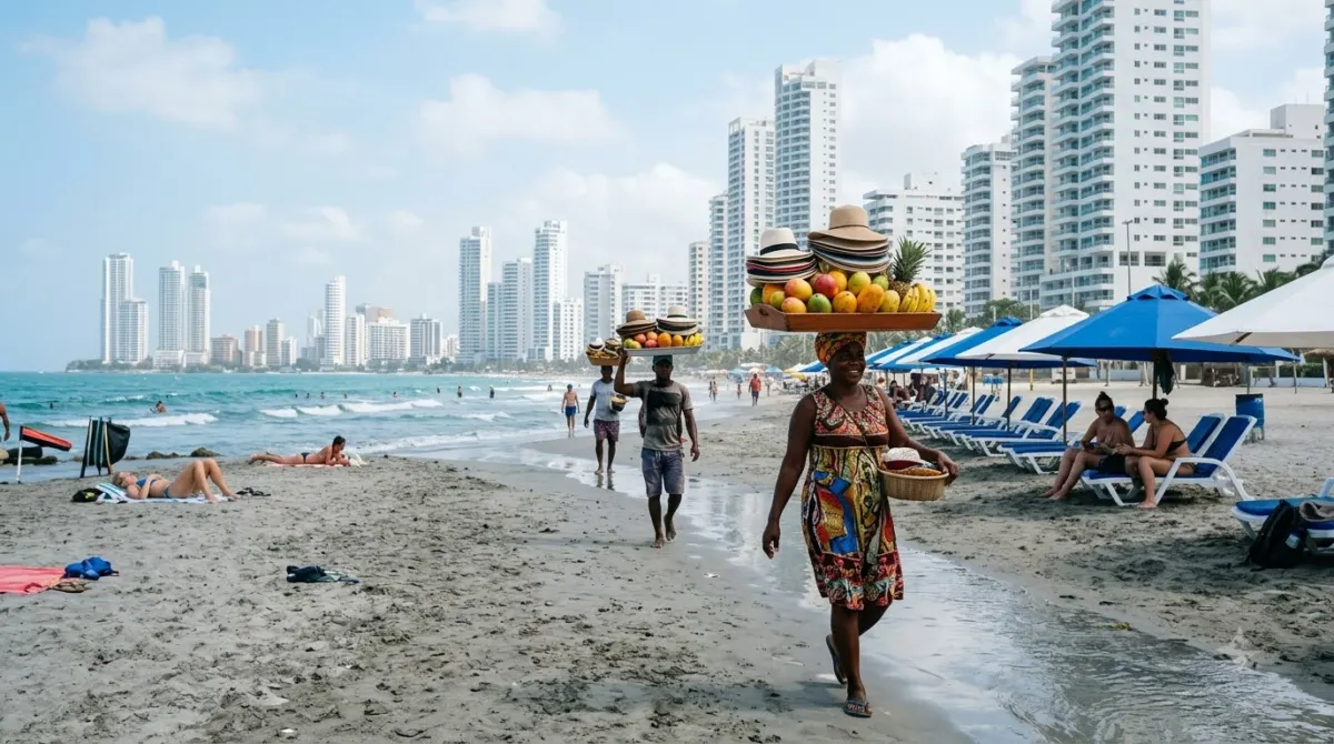 Beach vendors carrying goods along the sand at Bocagrande beach in Cartagena