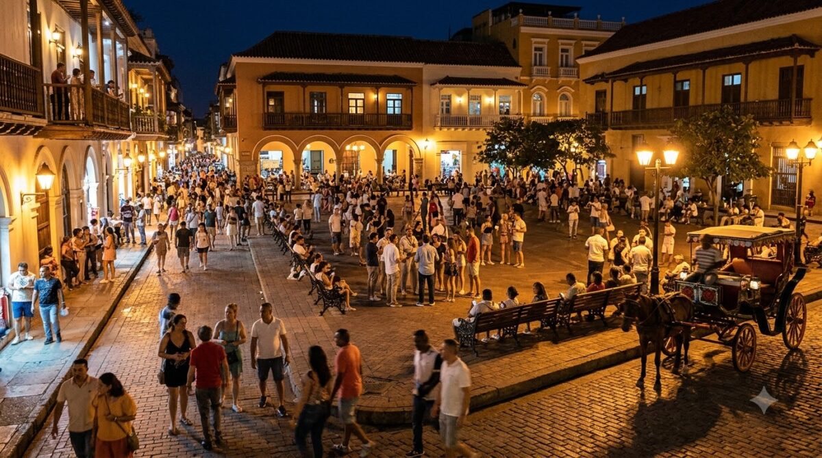 Crowded plaza with lit colonial buildings in Cartagena old town after dark