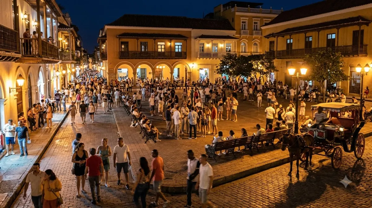 Crowded plaza with lit colonial buildings in Cartagena old town after dark