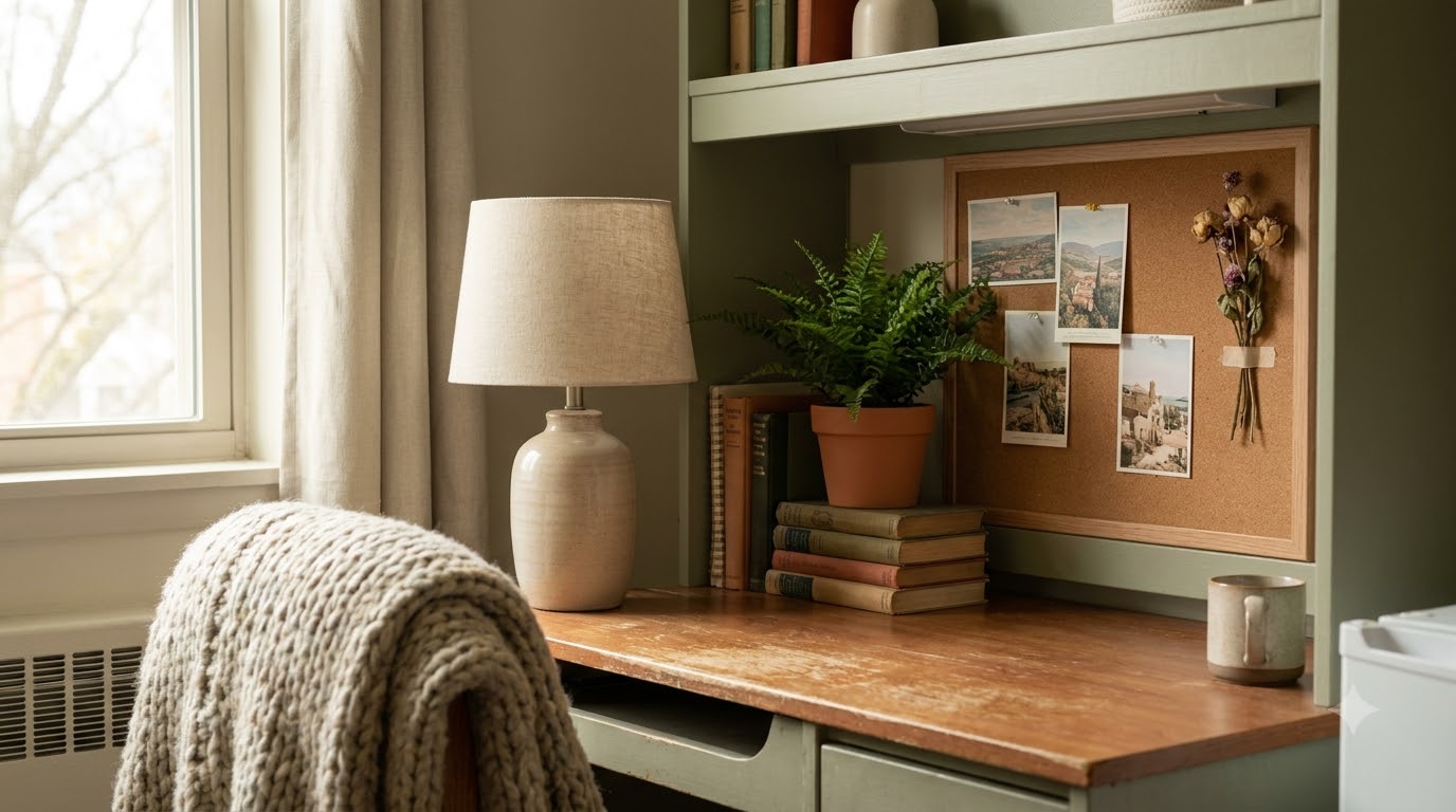 Small dorm room styled with warm string lights, a neutral cream duvet, and a wall tapestry