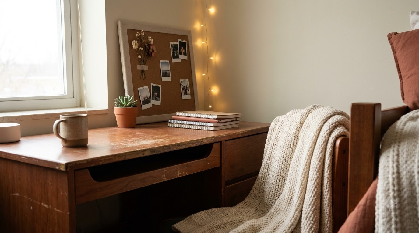 Boho dorm corner with macrame wall hanging, terracotta bedding, and a hanging plant
