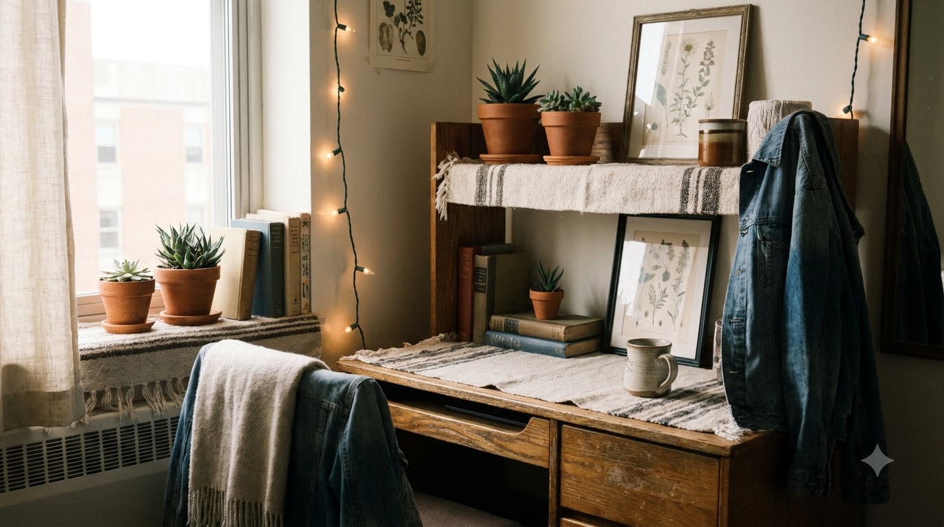 Colorful dopamine dorm desk with LED strip lighting, bright pillows, and abstract prints