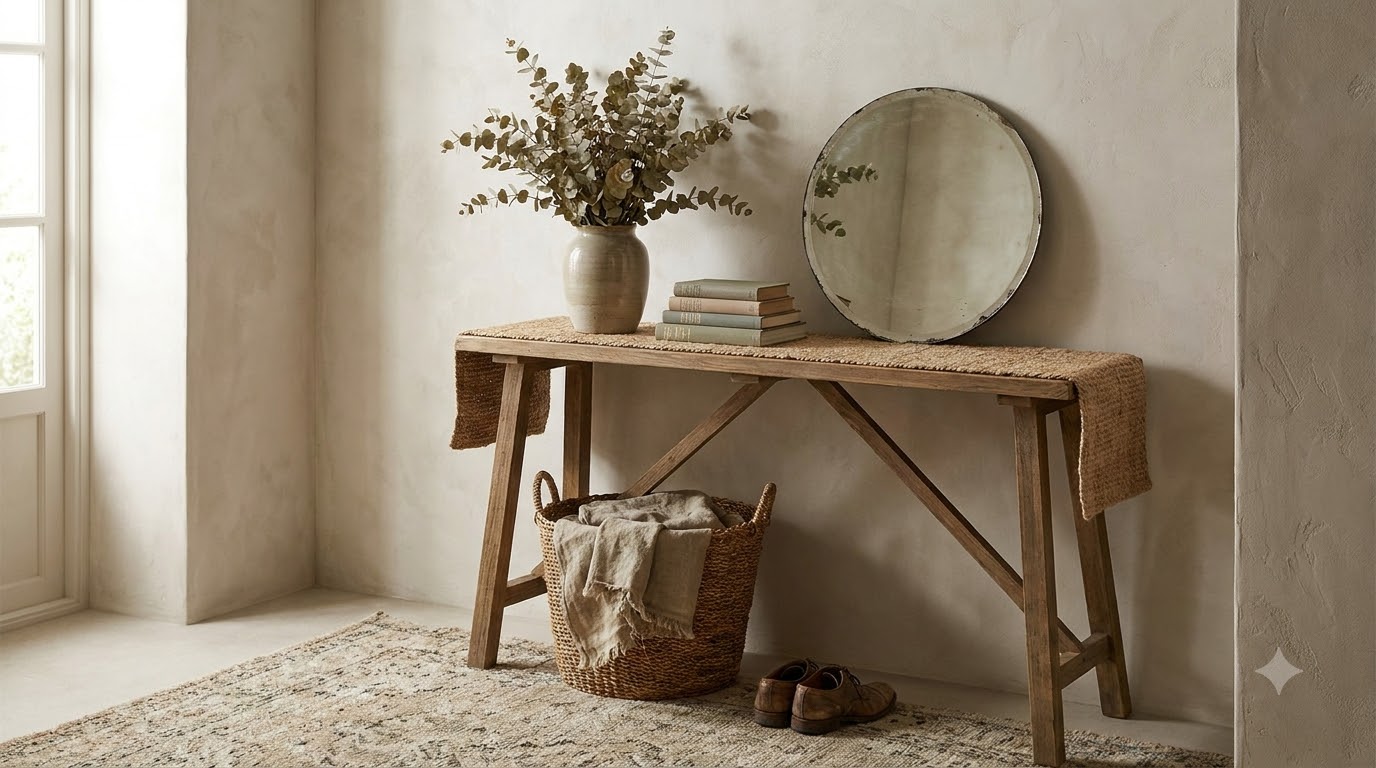 Narrow hallway entry with a slim floating shelf, a row of wall hooks, and a leaning mirror