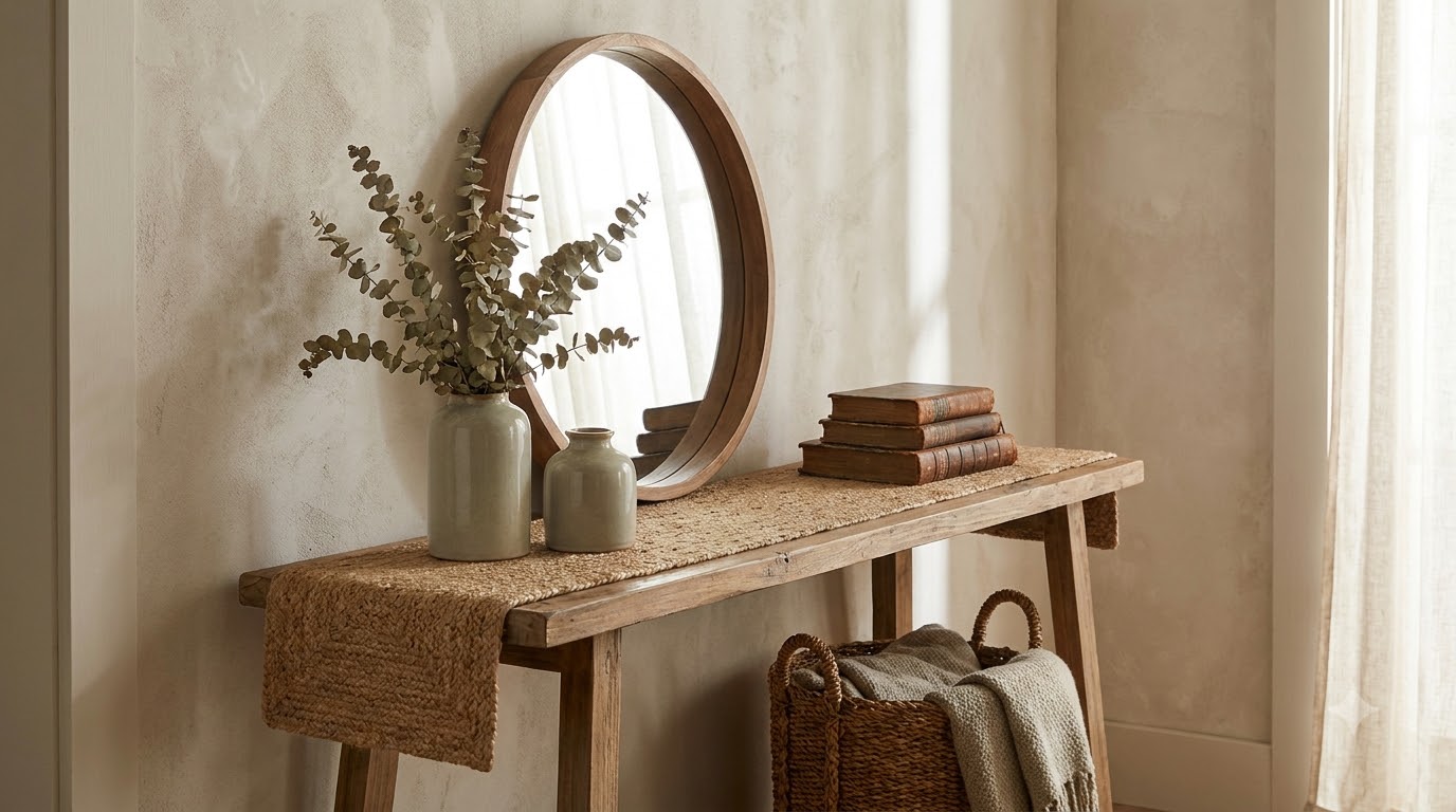 Slim 10-inch-deep console table against a wall with a tray, a small plant, and a woven basket underneath