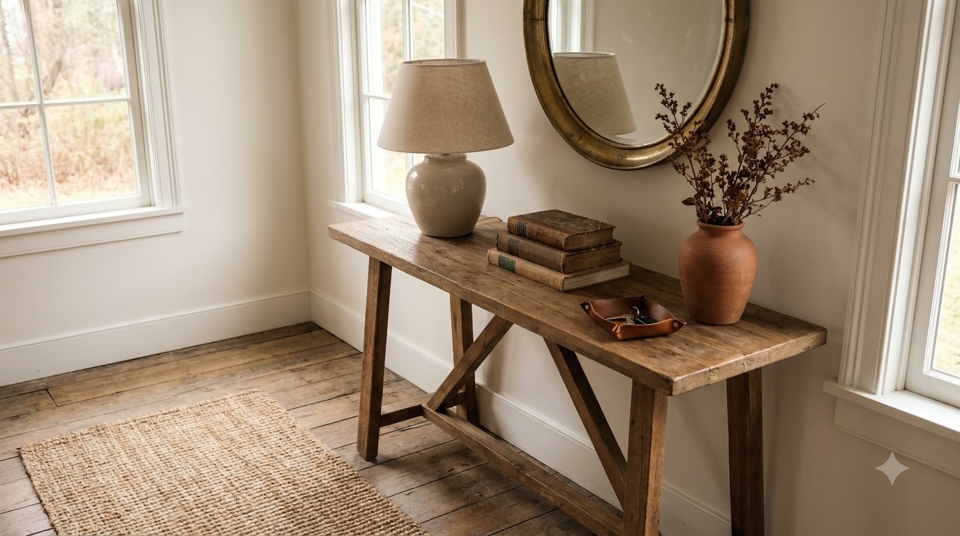 Small budget entryway wall with a floating shelf, three hooks, and a round mirror above