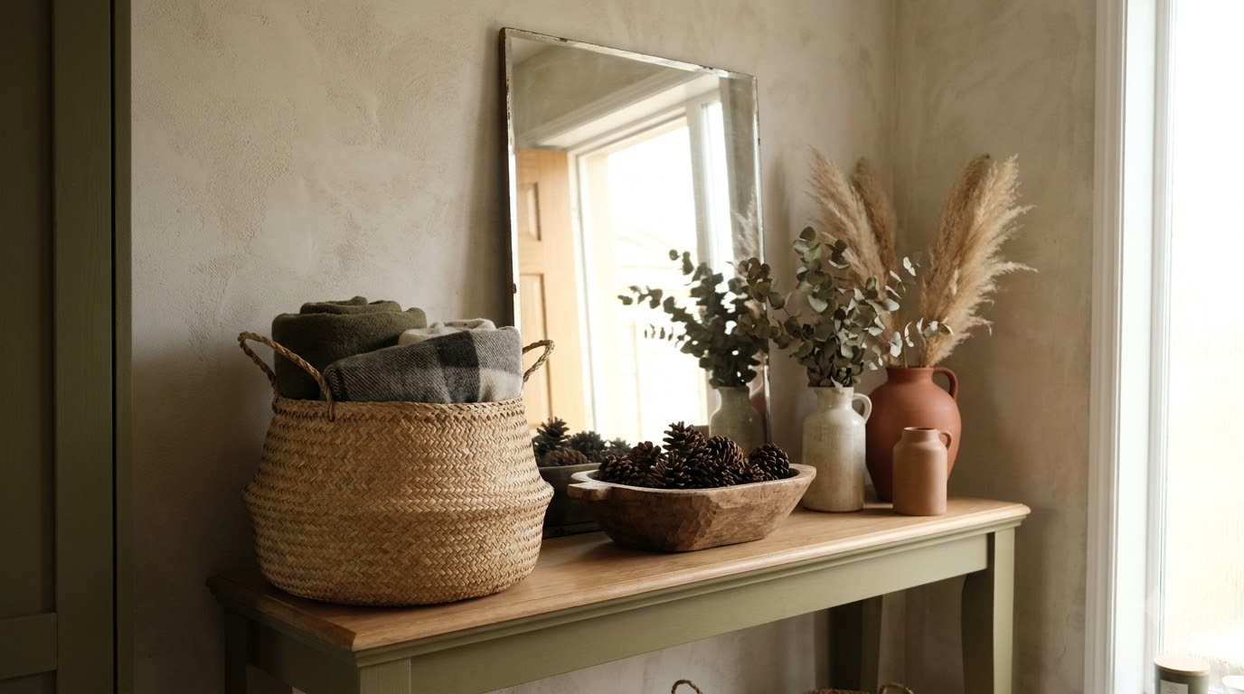 Round mirror centered above a wood console table, tape measure showing the width gap on each side