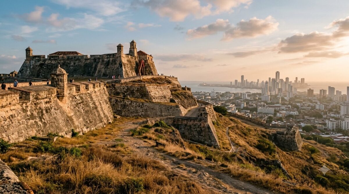 Sloping stone ramparts of the Castillo de San Felipe de Barajas above Cartagena, Colombia