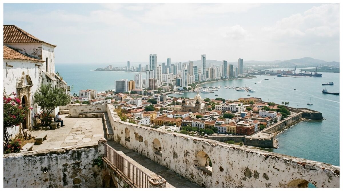 Panoramic view over Cartagena and its bay from the hilltop terrace of the Convento de la Popa