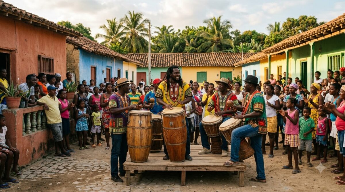 Afro-Colombian musicians playing hand drums in a village square near Cartagena, Colombia