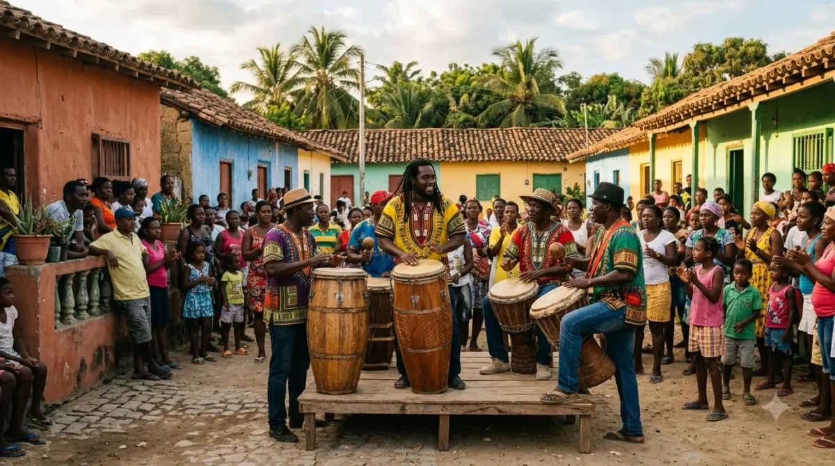 Afro-Colombian musicians playing hand drums in a village square near Cartagena, Colombia
