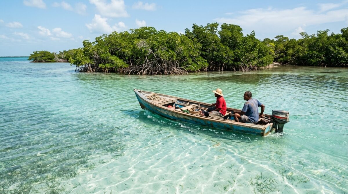Small boat on clear turquoise water beside mangrove islands in the Rosario Islands near Cartagena