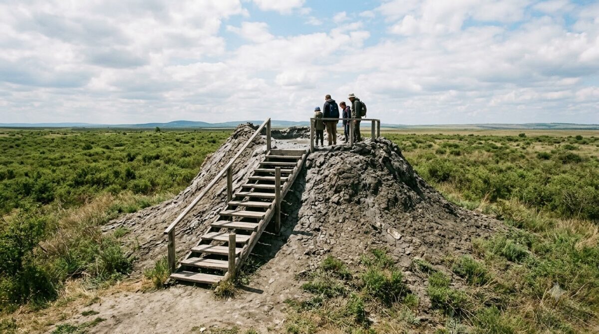 Conical mud volcano mound with wooden steps in flat scrubland near Cartagena, Colombia
