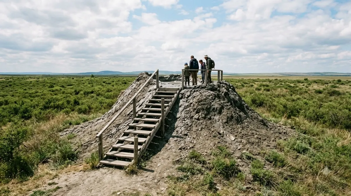 Conical mud volcano mound with wooden steps in flat scrubland near Cartagena, Colombia