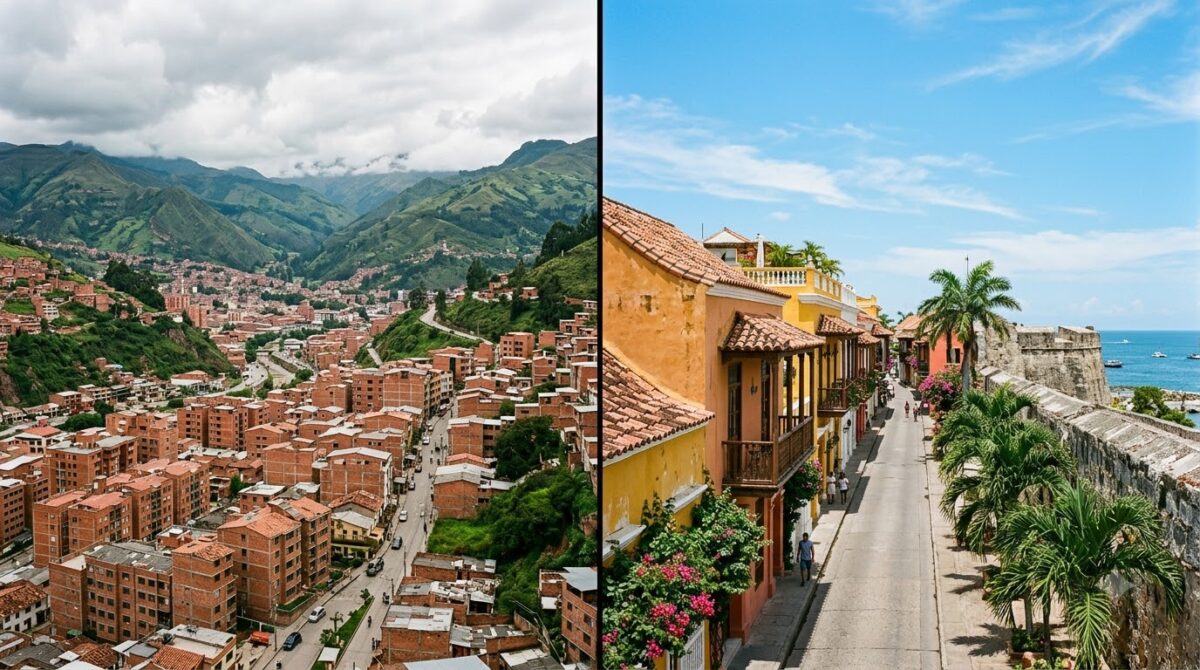 Split image comparing a green Andean valley city with a Caribbean walled colonial town in Colombia