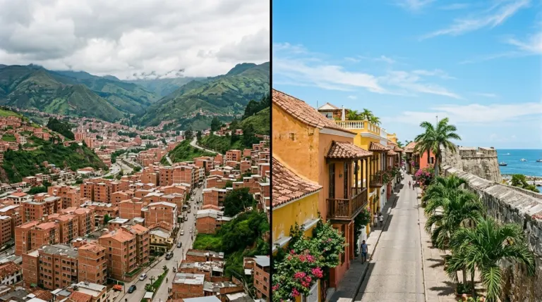 Colorful city and seaside street scenes for travel and tourism.