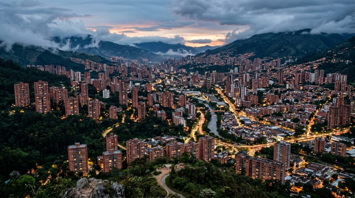 Red-brick apartment towers filling a green mountain valley in Medellin, Colombia at dusk