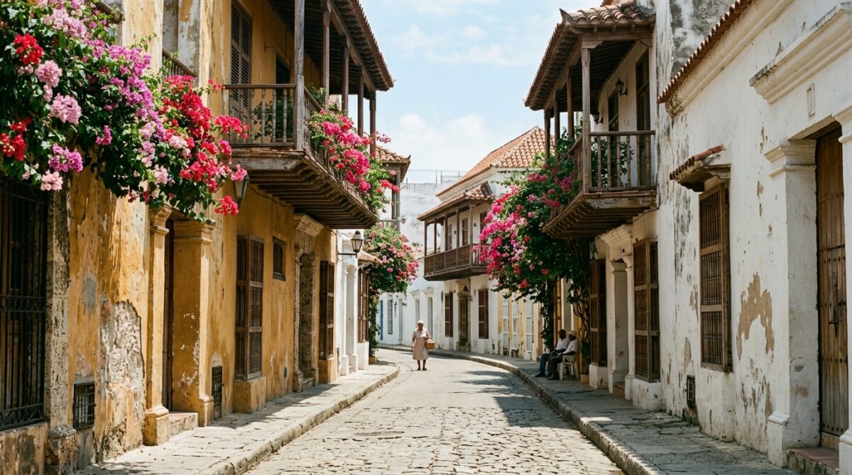 Sunlit colonial street with ochre walls and wooden balconies in Cartagena, Colombia at midday