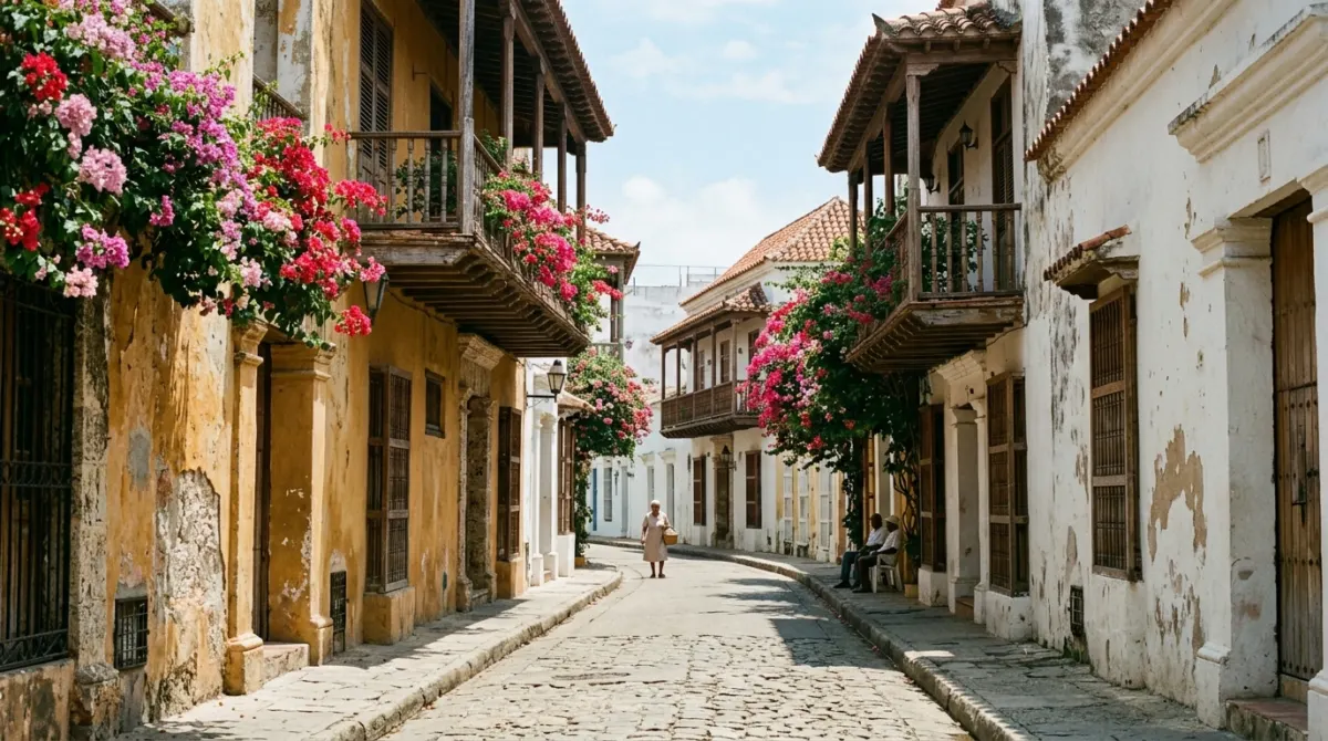 Sunlit colonial street with ochre walls and wooden balconies in Cartagena, Colombia at midday