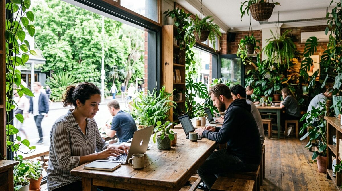 People working on laptops in a bright plant-filled cafe with open frontage in Medellin
