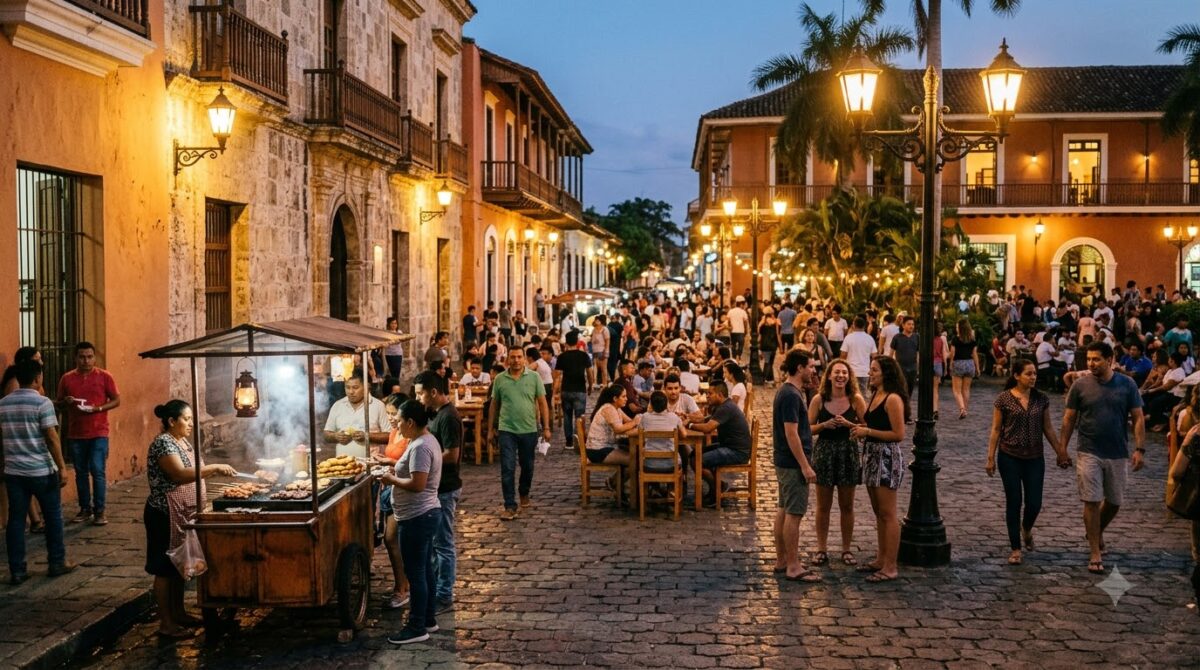 Lively plaza in the walled city of Cartagena after sunset with warm lamplight and street food