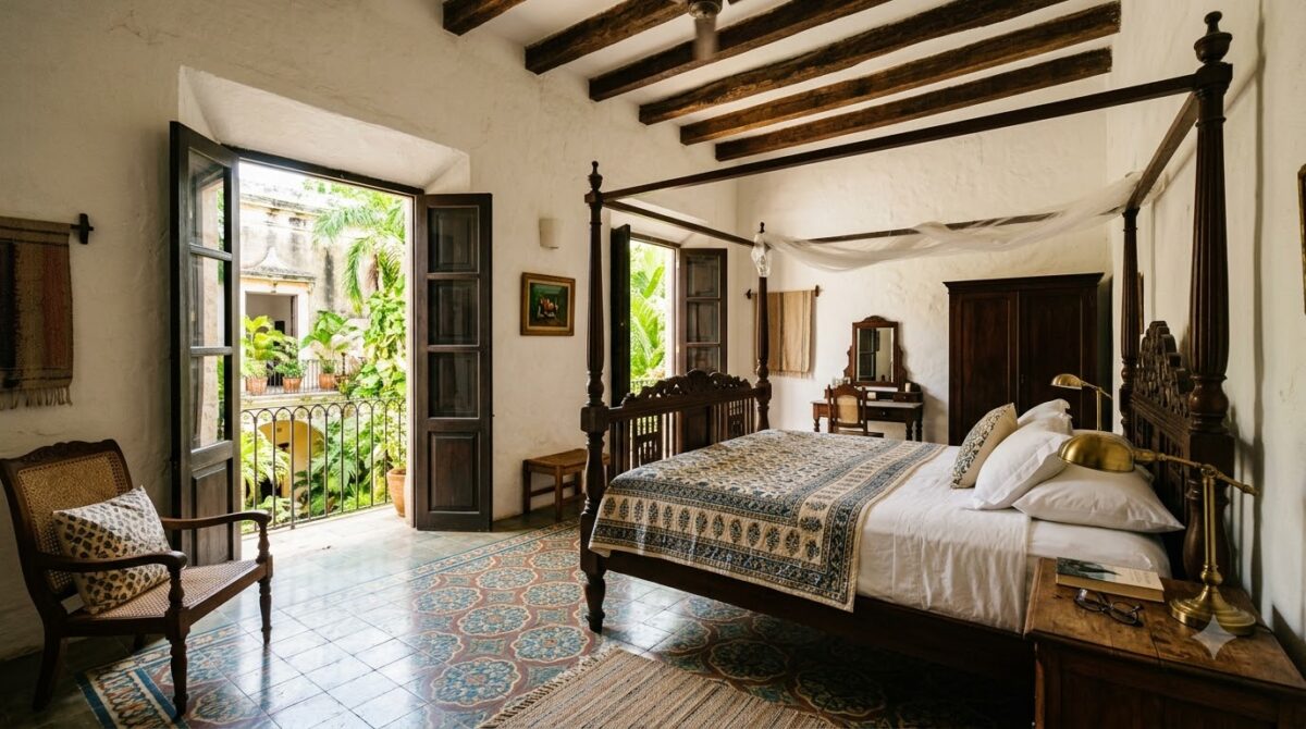 Suite with exposed wooden beams and patterned tiles in a converted colonial mansion hotel in Cartagena