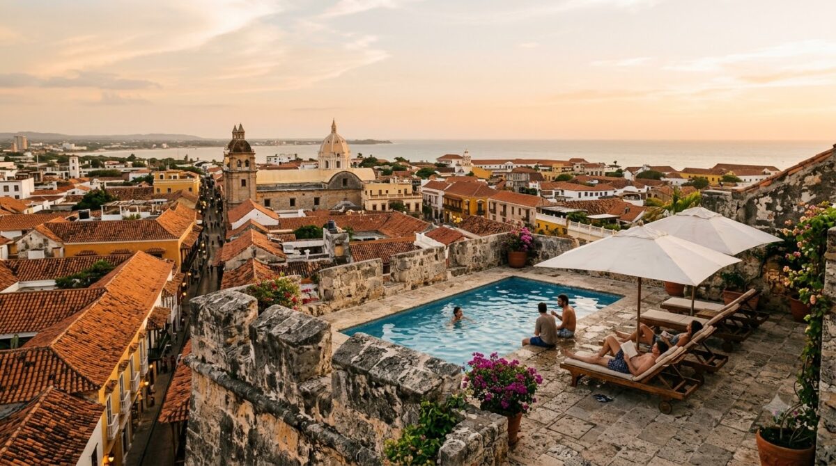 Rooftop pool on top of the old city walls overlooking terracotta rooftops in Cartagena