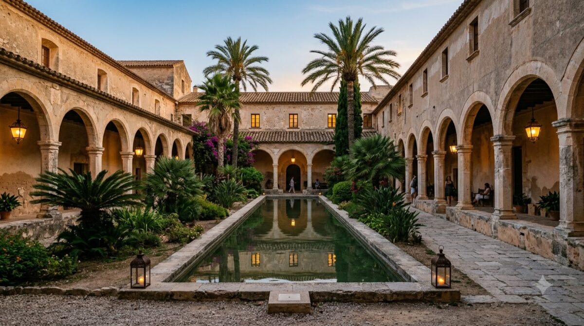 Arched stone cloister and courtyard pool in a converted 17th-century convent hotel in Cartagena