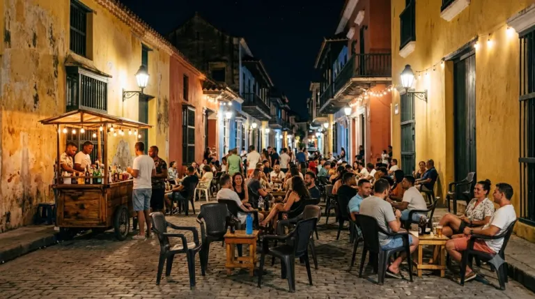 Crowded street with outdoor dining and colorful buildings at night.