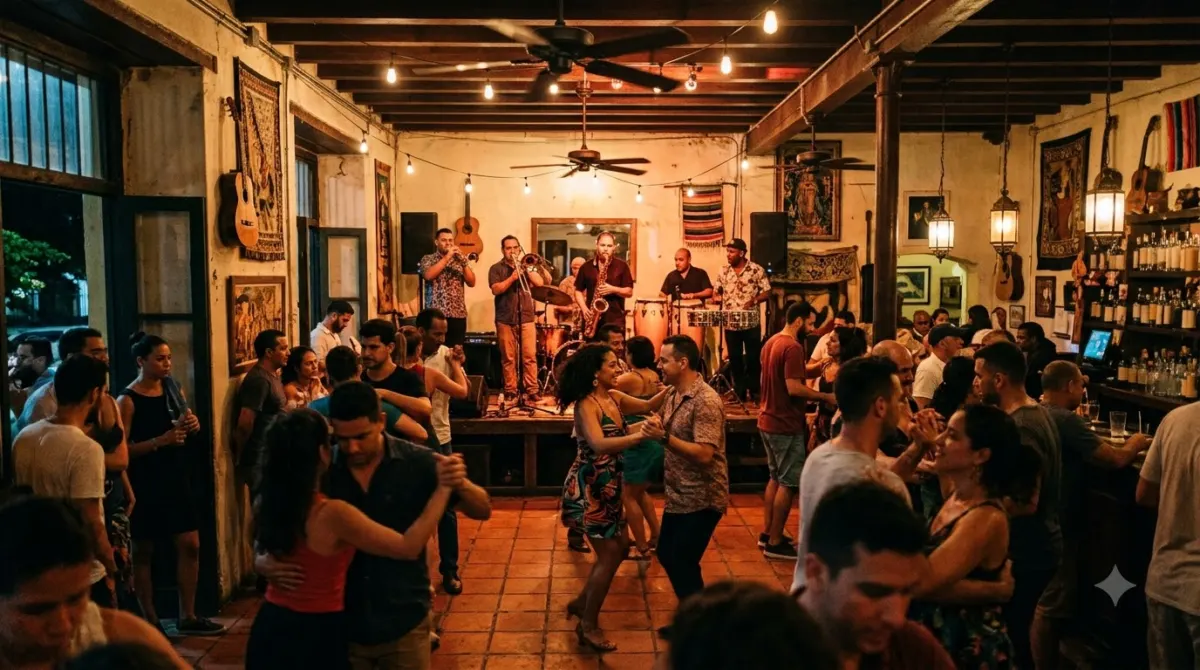 Live band and couples dancing in a small crowded salsa bar in Cartagena, Colombia