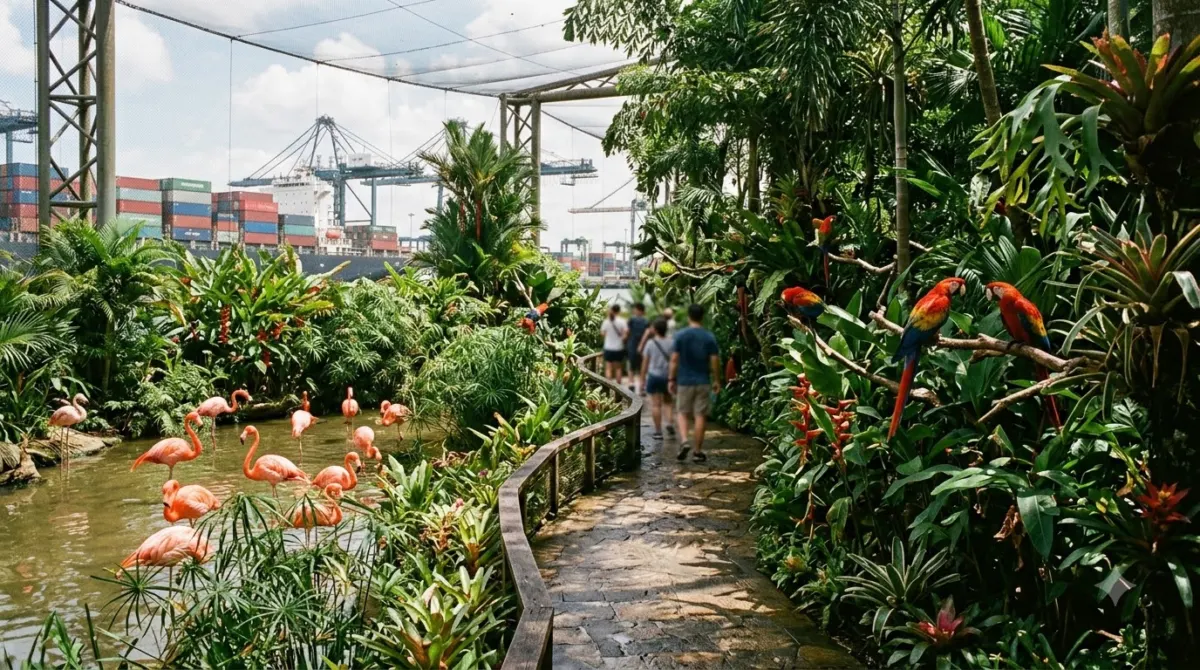 Flamingos and parrots in the walk-through aviary at the Cartagena cruise port