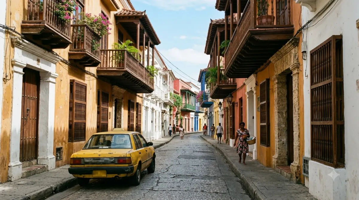 Colonial street with ochre buildings and a yellow taxi in the old town of Cartagena, Colombia