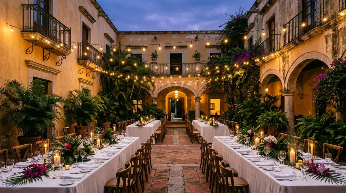 Wedding reception set up in the courtyard of a colonial mansion in Cartagena with festoon lights