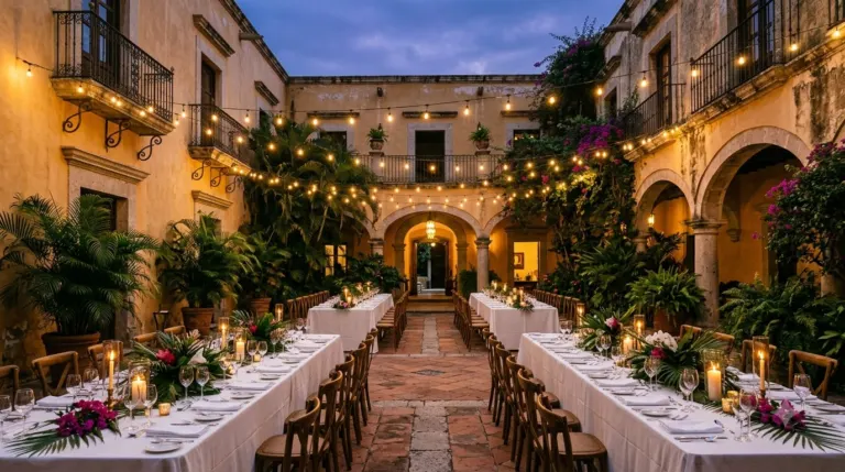 Beautiful outdoor courtyard with dining tables, string lights, and lush greenery for events.