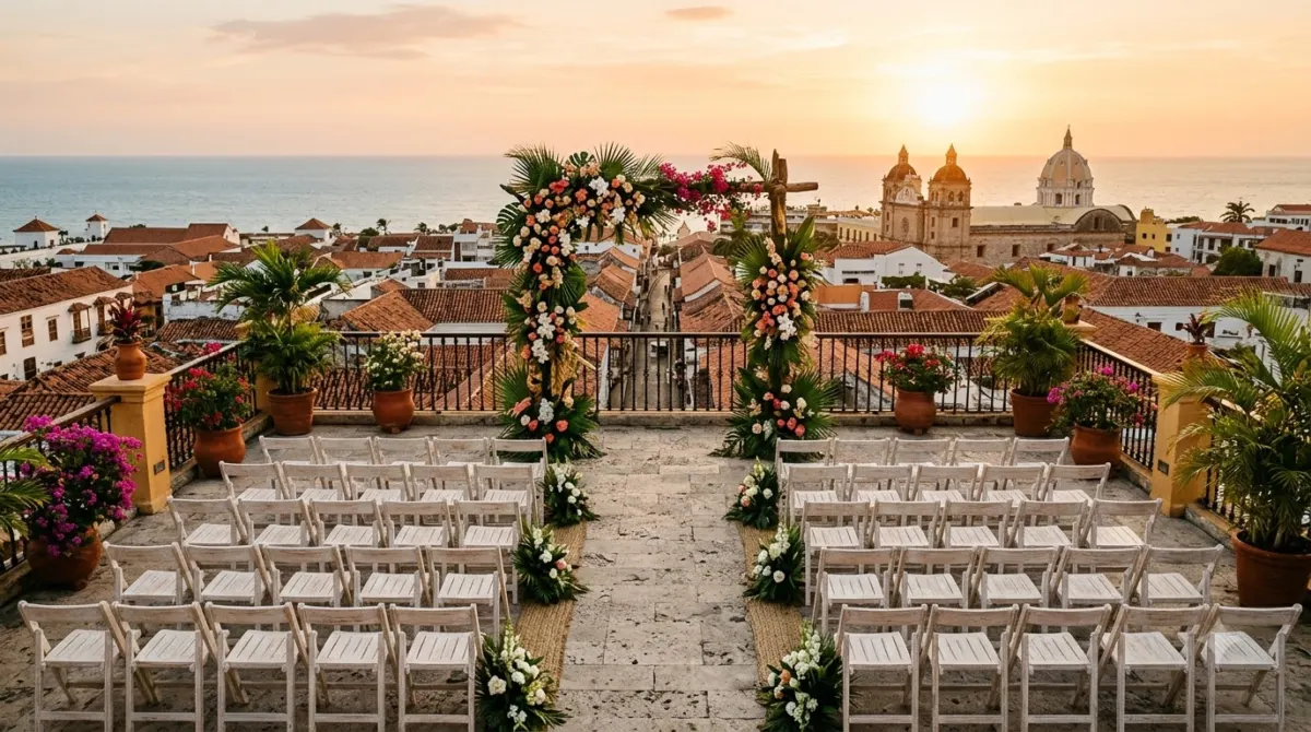 Rooftop wedding ceremony setup above the colonial rooftops of Cartagena with the sea beyond