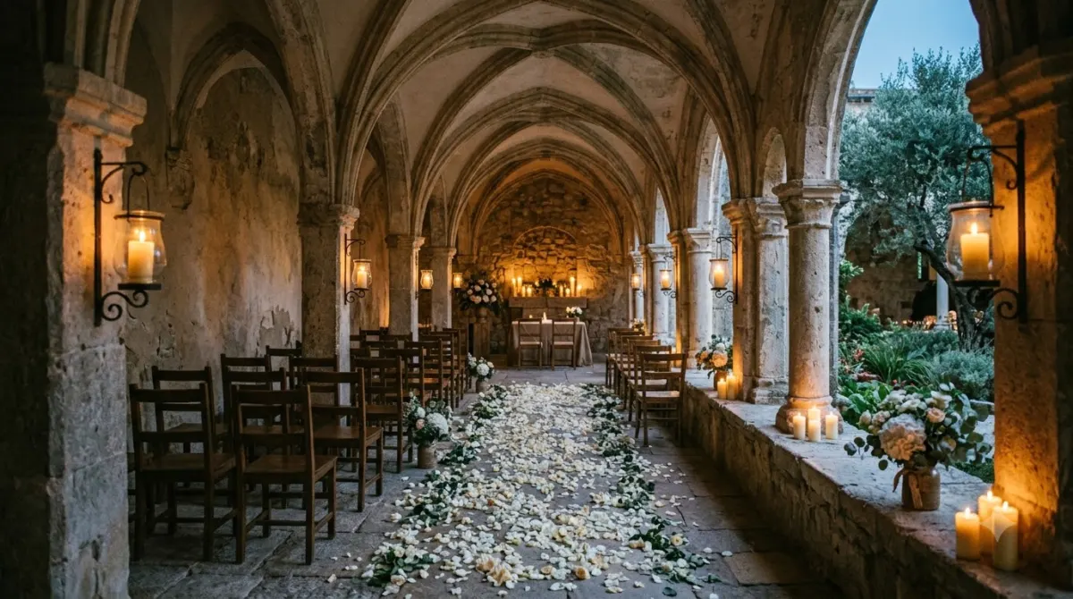 Candlelit stone cloister of a converted convent set up for a wedding ceremony in Cartagena
