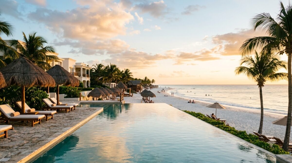 Infinity pool at a beachfront hotel near Cartagena looking over calm Caribbean water