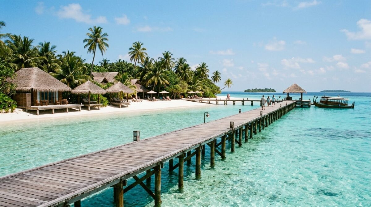 Wooden jetty from an island hotel into clear turquoise shallows near Cartagena, Colombia